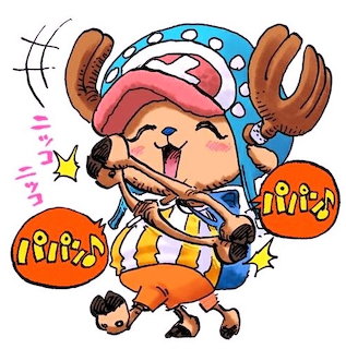 Cute anime reindeer character Chopper in orange striped outfit with blue hat, antlers, and cheerful expression