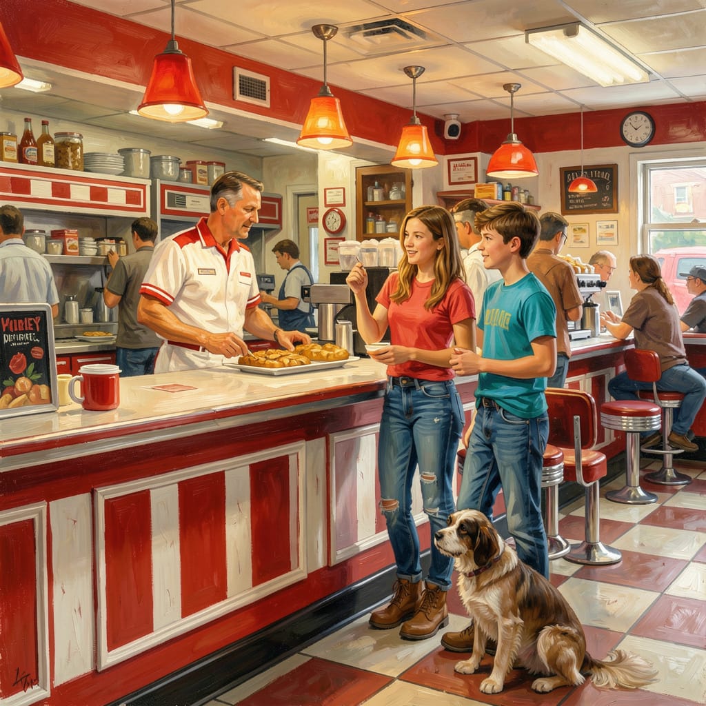 Family with dog at vintage diner counter being served by staff in red and white decorated restaurant