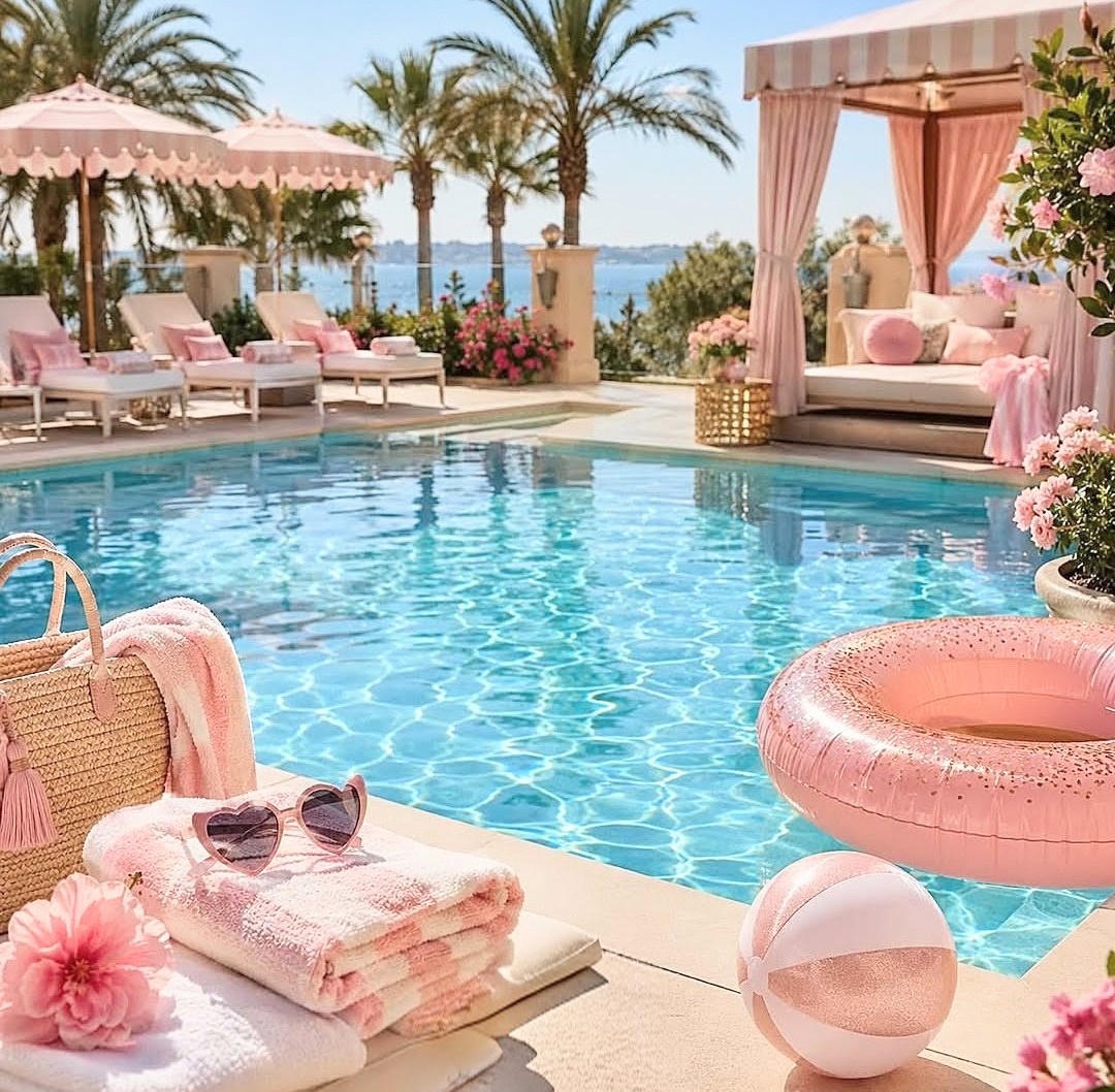 Pink poolside cabanas and lounge chairs beside a blue swimming pool with palm trees and ocean view