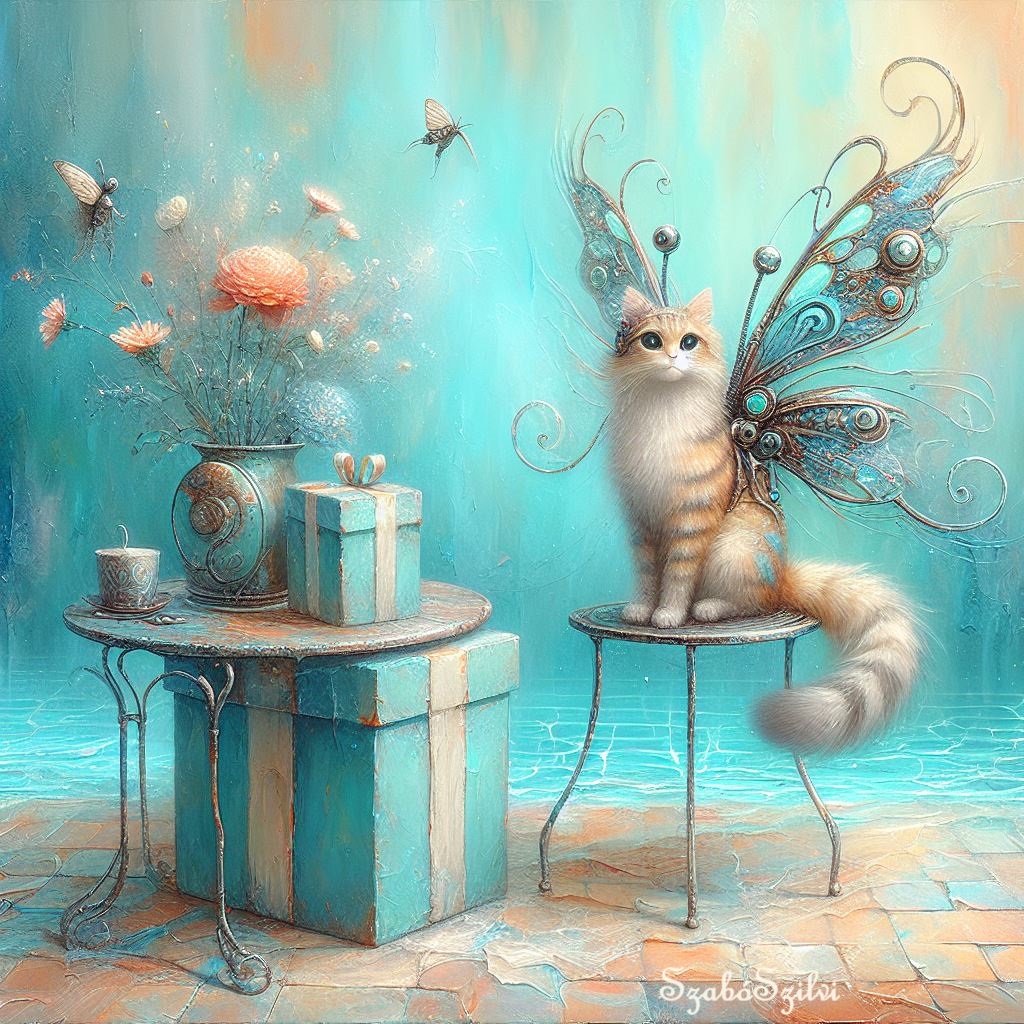 White kitten with decorative turquoise butterfly wings sitting on a vintage table with gift boxes and flowers