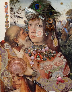 Surreal collage portrait with peacock feather, flowers, shells, and layered vintage elements in warm earth tones