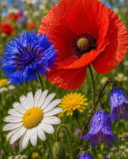 Close-up of red poppy, white daisy, and blue cornflower in a wildflower meadow