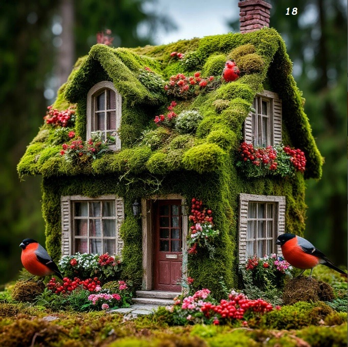 Moss-Covered Cottage with Birds