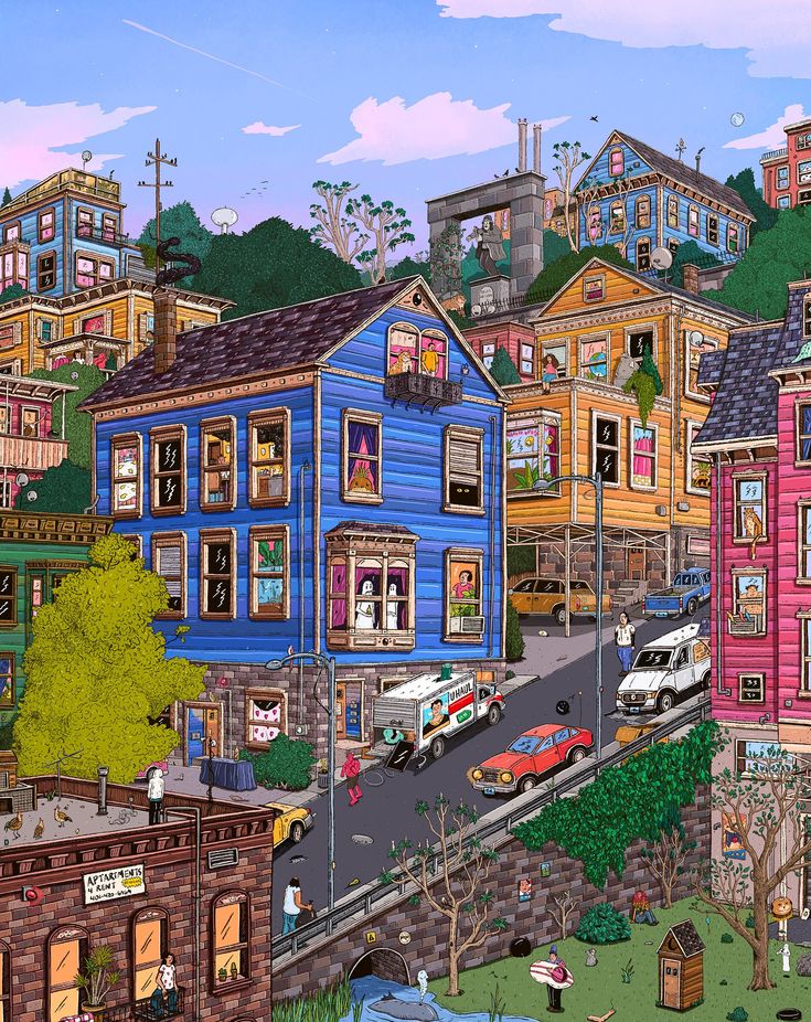 Colorful Victorian houses on steep hill with vintage cars and trees in painted illustration style