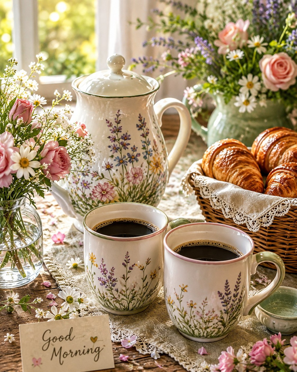 Two floral coffee mugs with a matching teapot, croissants, and pink flowers on a sunlit table