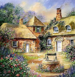 Painting of a quaint English cottage with thatched roof surrounded by vibrant flower gardens and a stone well