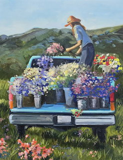 Painting of flower vendor arranging blooms on truck bed in rural landscape