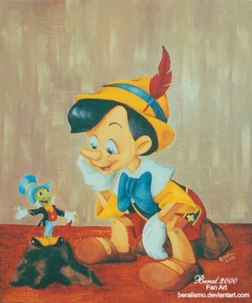Painting of Pinocchio kneeling beside Jiminy Cricket on a brown floor