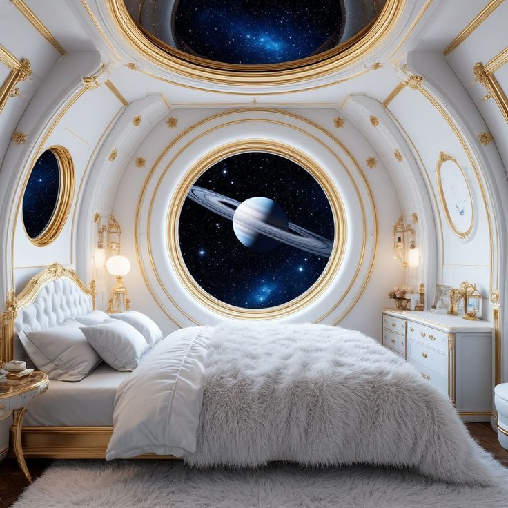 White and gold luxury bedroom with round windows revealing Saturn and a starry space view
