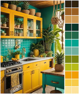 Colorful kitchen interior with yellow cabinets, teal tiles, plants, and a vertical color palette