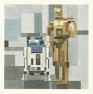Pixel art of C-3PO and R2-D2 droids from Star Wars on gray tiles