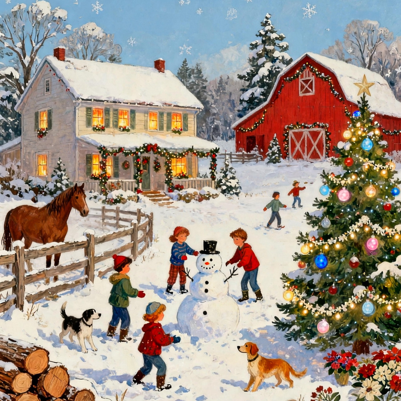 Winter farm scene with children playing in snow, red barn, house, Christmas tree, horses and dogs