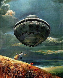 Painting of a large metalic UFO hovering over a wheat field with two people looking up at it near a coastline