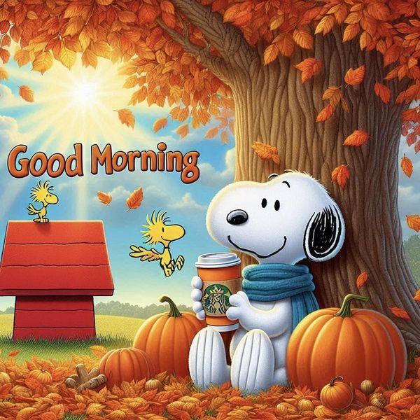 Snoopy in a blue scarf holding coffee under an autumn tree with pumpkins and Woodstock nearby