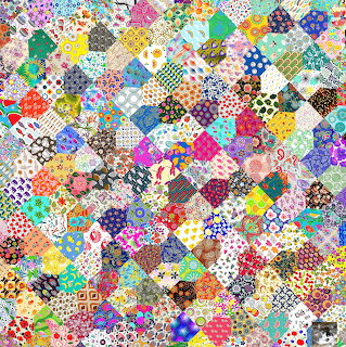 Colorful hexagonal patchwork quilt with diverse patterns including florals, dots, and geometric designs