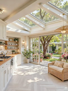 Bright white kitchen with skylights, open glass doors leading to a green garden, and a wicker sofa