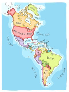 Colorful hand-drawn doodle map of the Americas with country names and ocean labels
