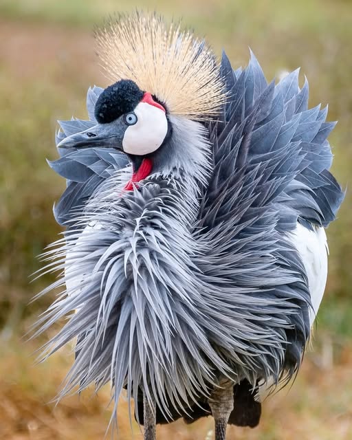 Grey crowned crane with golden crest standing outdoors