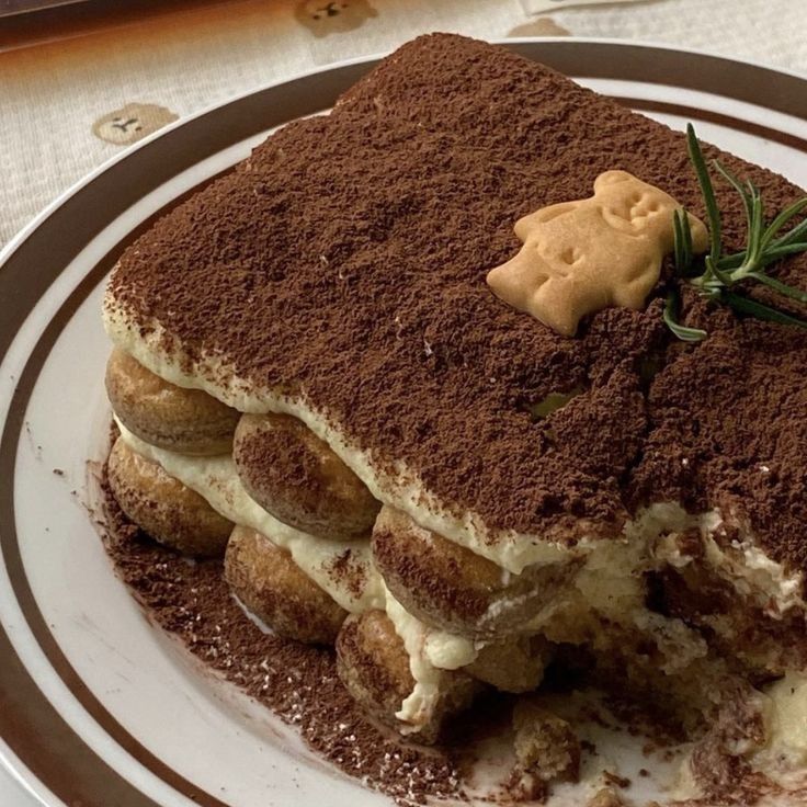 Tiramisu dessert with cocoa powder topping and ladyfinger cookie garnish on white plate