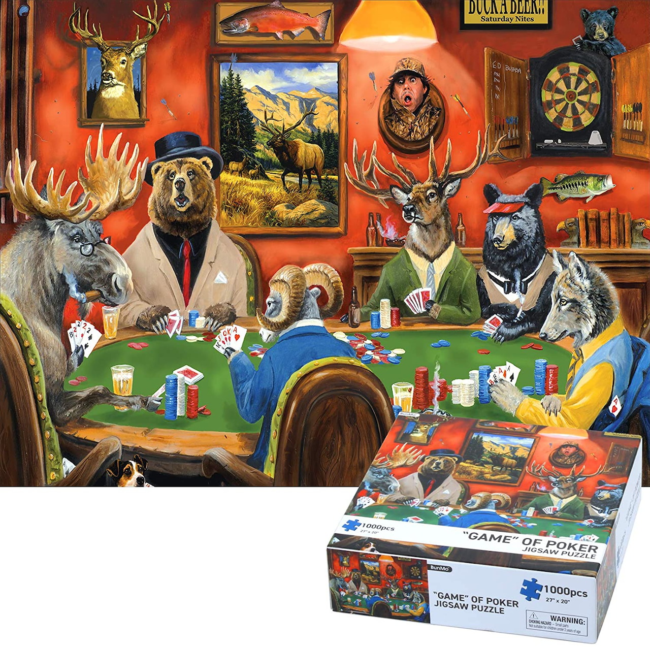 Illustration of animals playing poker around a table, with a puzzle box at the bottom right
