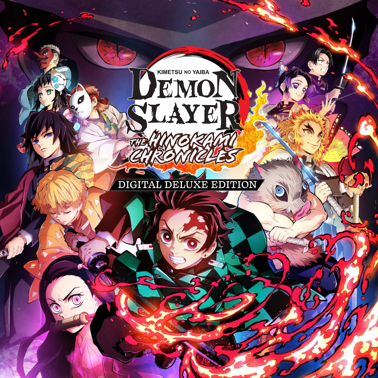 Demon Slayer anime characters gathered around Tanjiro in a dynamic fiery scene
