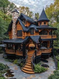 Elaborate log cabin with castle-like turrets and multiple balconies in forest setting
