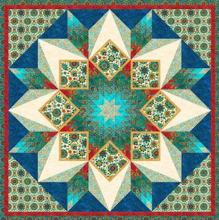 Star-shaped quilt with teal, cream, and red geometric pattern and floral fabric squares