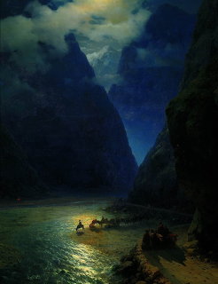 Moonlit river in a dark rocky canyon with small boats on the water