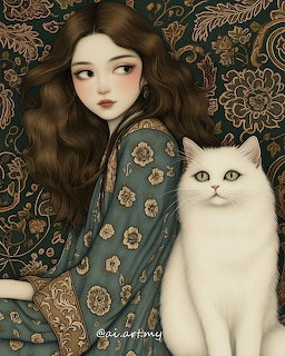 Illustration of a girl with brown curly hair and a white cat against decorative floral background