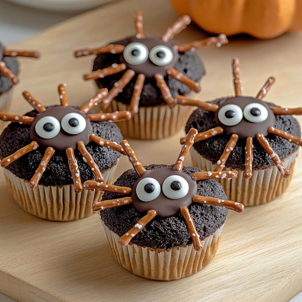 Four chocolate spider cupcakes with candy eyes and pretzel legs on a wooden surface
