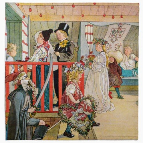 Watercolor painting of children in Victorian dress celebrating Christmas on a decorated porch with garlands