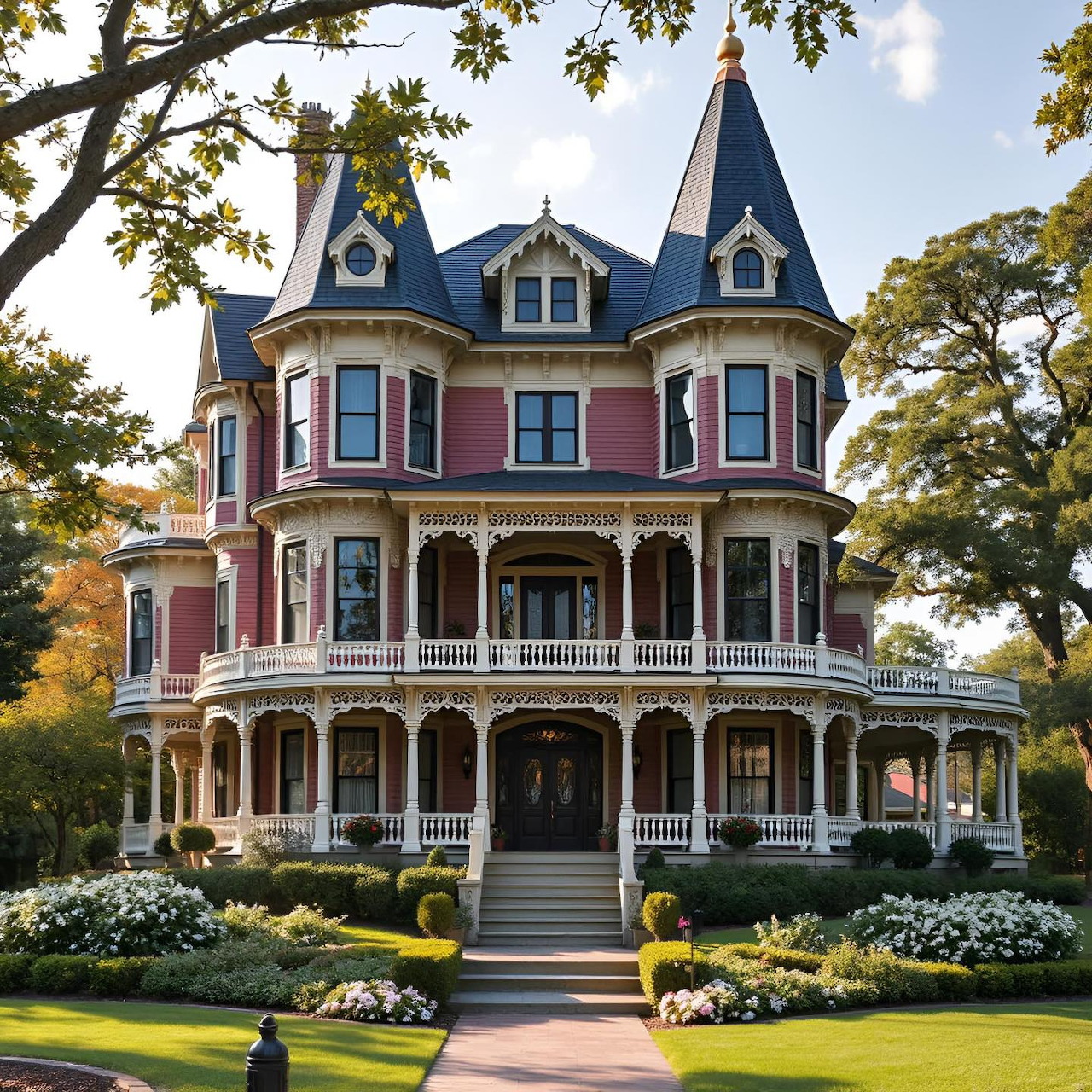 Pink Victorian mansion with white wraparound porch, landscaped garden, and trees