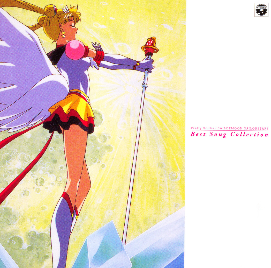 Anime girl in a colorful outfit holding a microphone stand on a bright yellow background