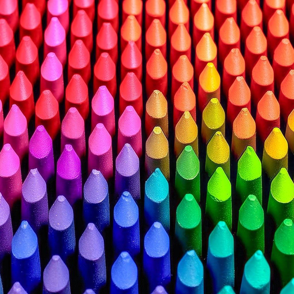 Colorful crayons arranged in rows creating a rainbow gradient from pink to blue