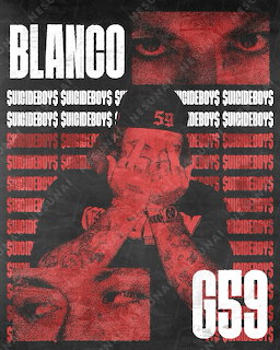 Dark red and black poster with tatooed figure, Suicideboys text repeated, Blanco header, and G59 logo