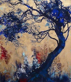 Painting of a blue tree with dark twisting branches on a beige background