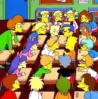 The Simpsons cartoon classroom with students at desks