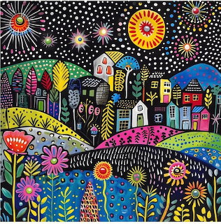 Folk art village with colorful houses, flowers, trees and decorative sun bursts on black background