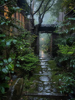 Wet stone path in a lush garden alley under trees and a small wooden bridge on a rainy evening