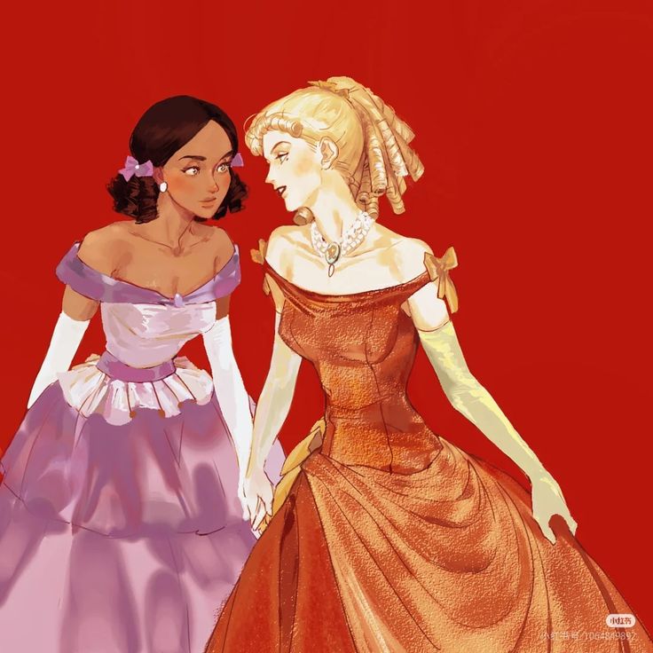 Illustration of two women in formal gowns holding hands on a red background