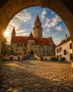 Bouzov Castle seen through a stone arch with cobblestone path and sunset sky
