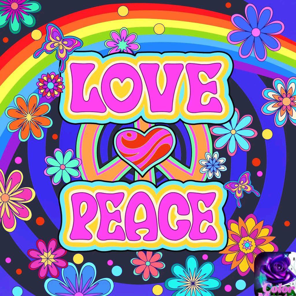 Colorful illustration reading LOVE PEACE with rainbow, flowers, butterflies, and a heart