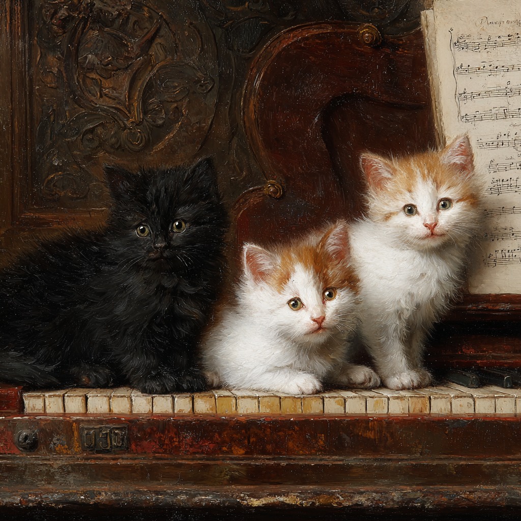 Three fluffy kittens sitting on piano keys beside sheet music