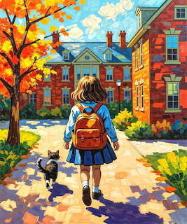 Girl Walking to School in Autumn