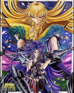 Three Saint Seiya anime characters in golden and dark armor with colorful flowing hair against a dramatic sky