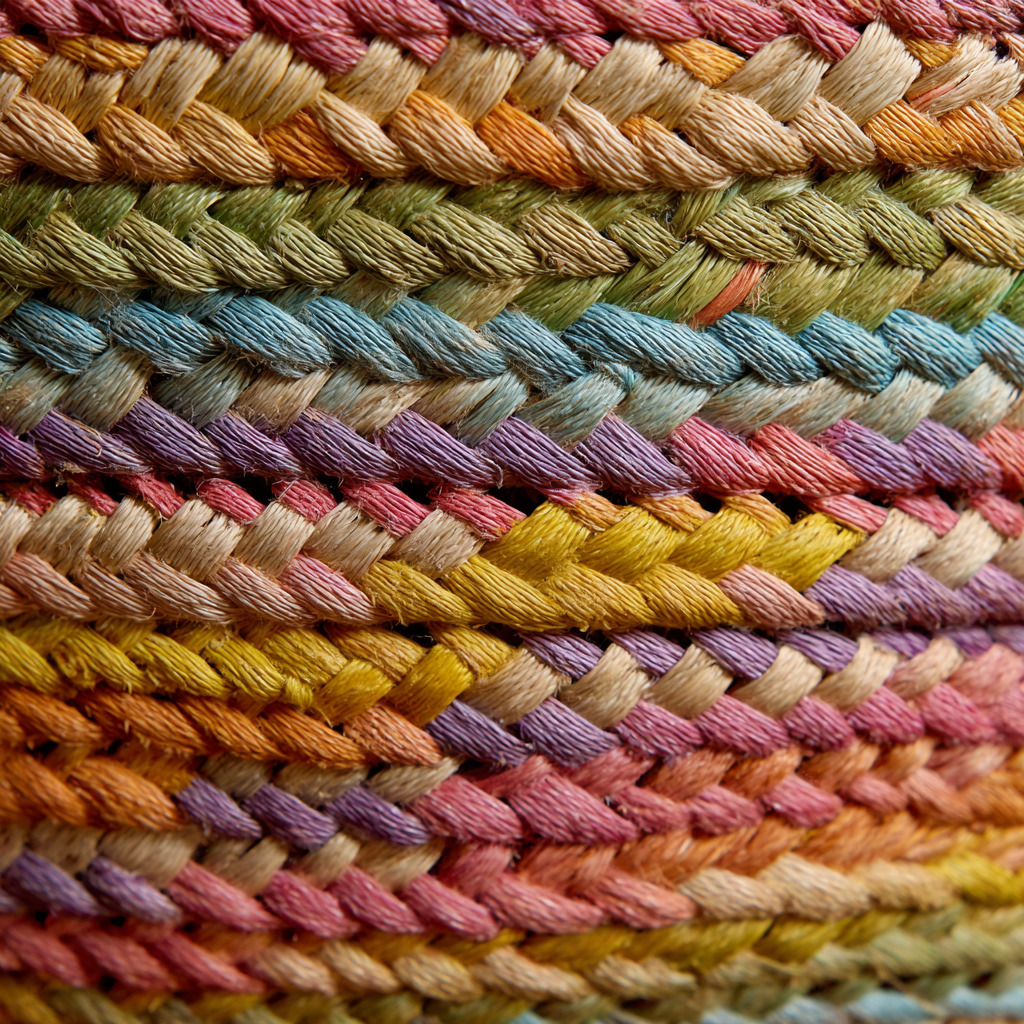 Close-up of colorful woven basket with rainbow-hued strands in horizontal rows