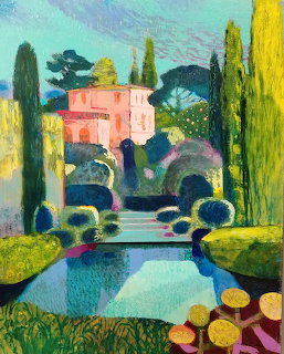 Impressionist painting of Italian garden with reflecting pool, cypress trees, and pink mansion