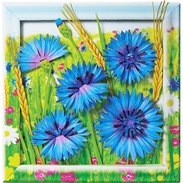 Painting of bright blue cornflowers and wheat in a white window frame against a green floral background