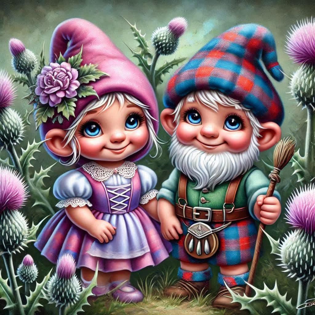 Illustration of two cute garden gnomes standing together surrounded by purple thistle flowers