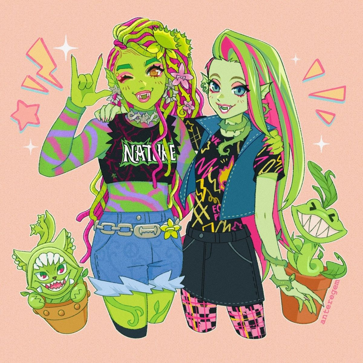 Two green-skinned Monster High characters posing together with peace signs and potted plants